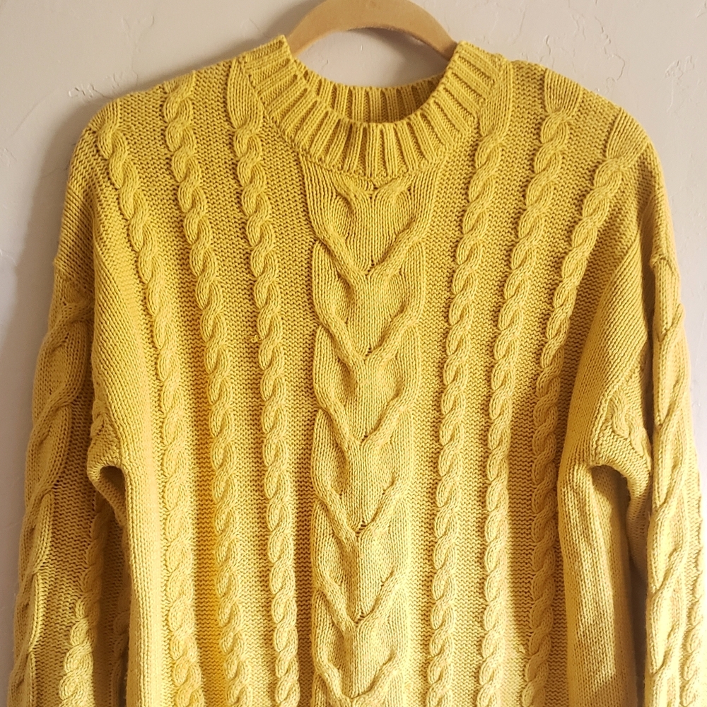 Zara Sweater Yellow Crewneck Cable Knitwear Youth Womens M Boho Chunky Pullover - Picture 6 of 7